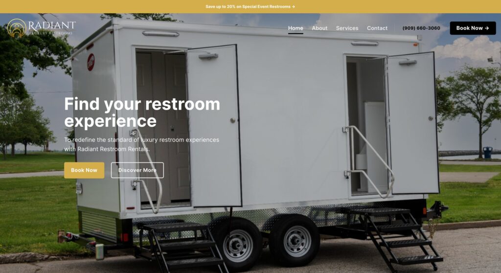 screenshot radiantluxuryrestrooms.com